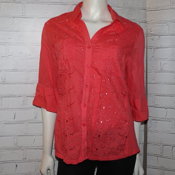 🌺 Cathy Daniels Coral Blouse – Button-Down & Breezy – Size L - Picture 1 of 6